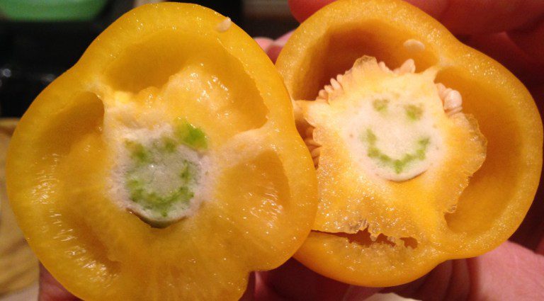 bell pepper cut in half with smiley face. Learn about foods that ease pain naturally by diminishing inflammation and making your gut happy