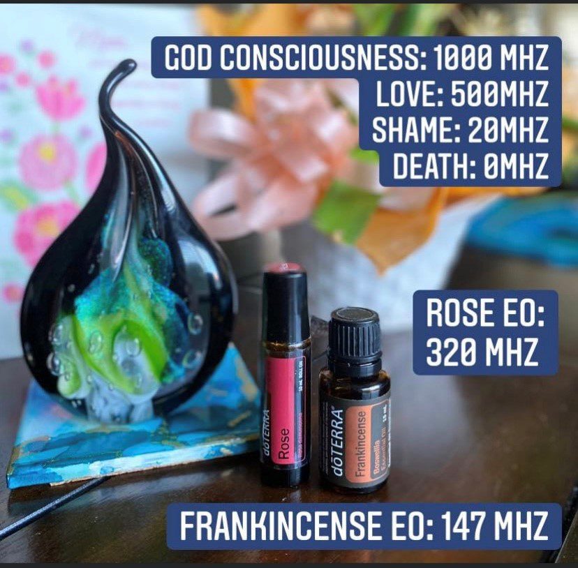 Rose essential oil and frankincense essential oil pictured.  Vibrational frequencies also pictured
god consciousness 1000 MHz,  love 500 MHz, shame 20 MHZ, Death 0 MHz